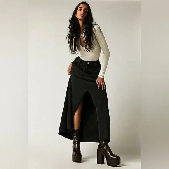 Free People FP ONE Kona Mid Rise High Slit Maxi Skirt in Black Size Small