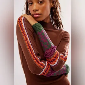 Free People Switch It Up Cuff Thermal Top size Large Dark Brown Crochet Knit NWT