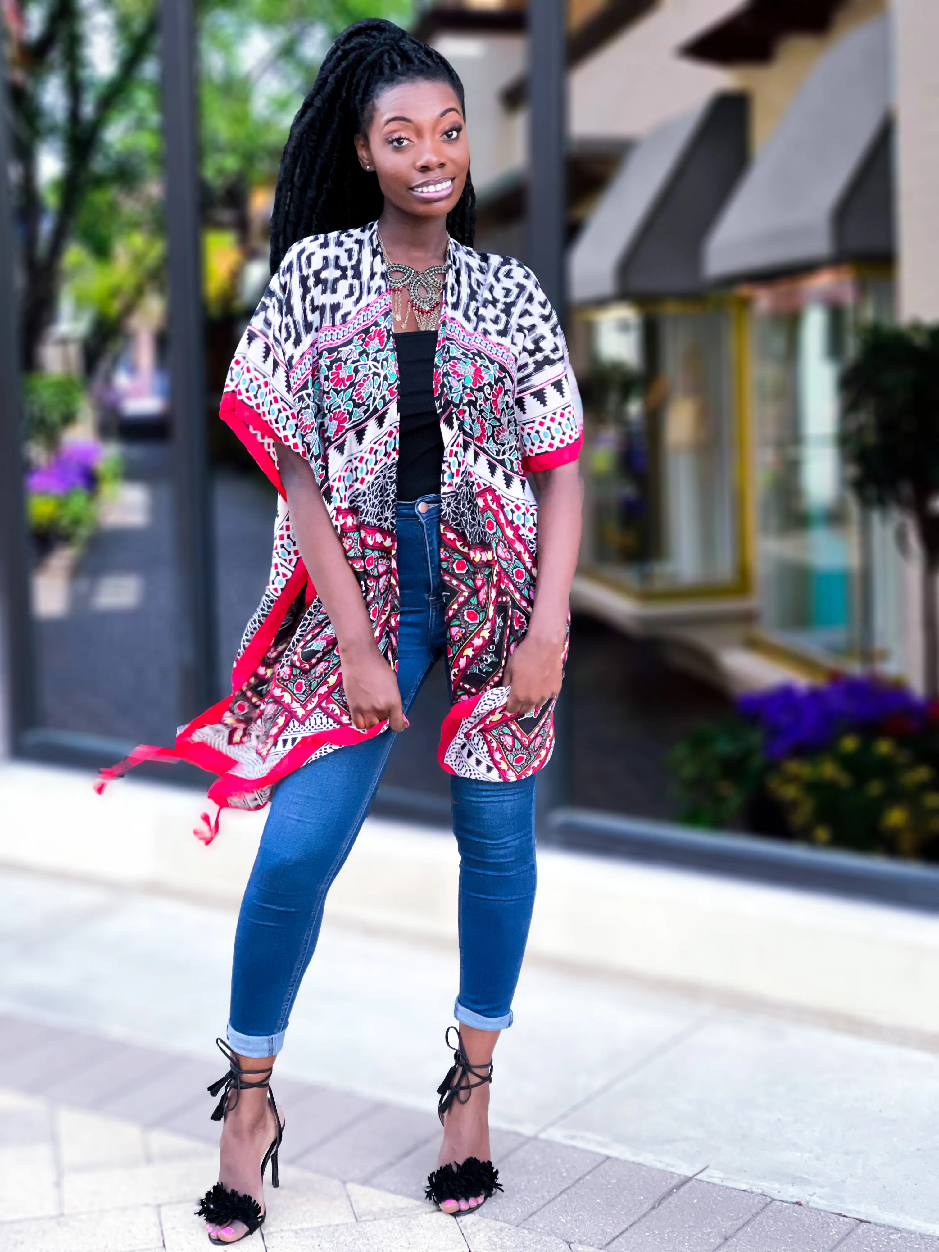 Geo Animal Print Kimono - Red