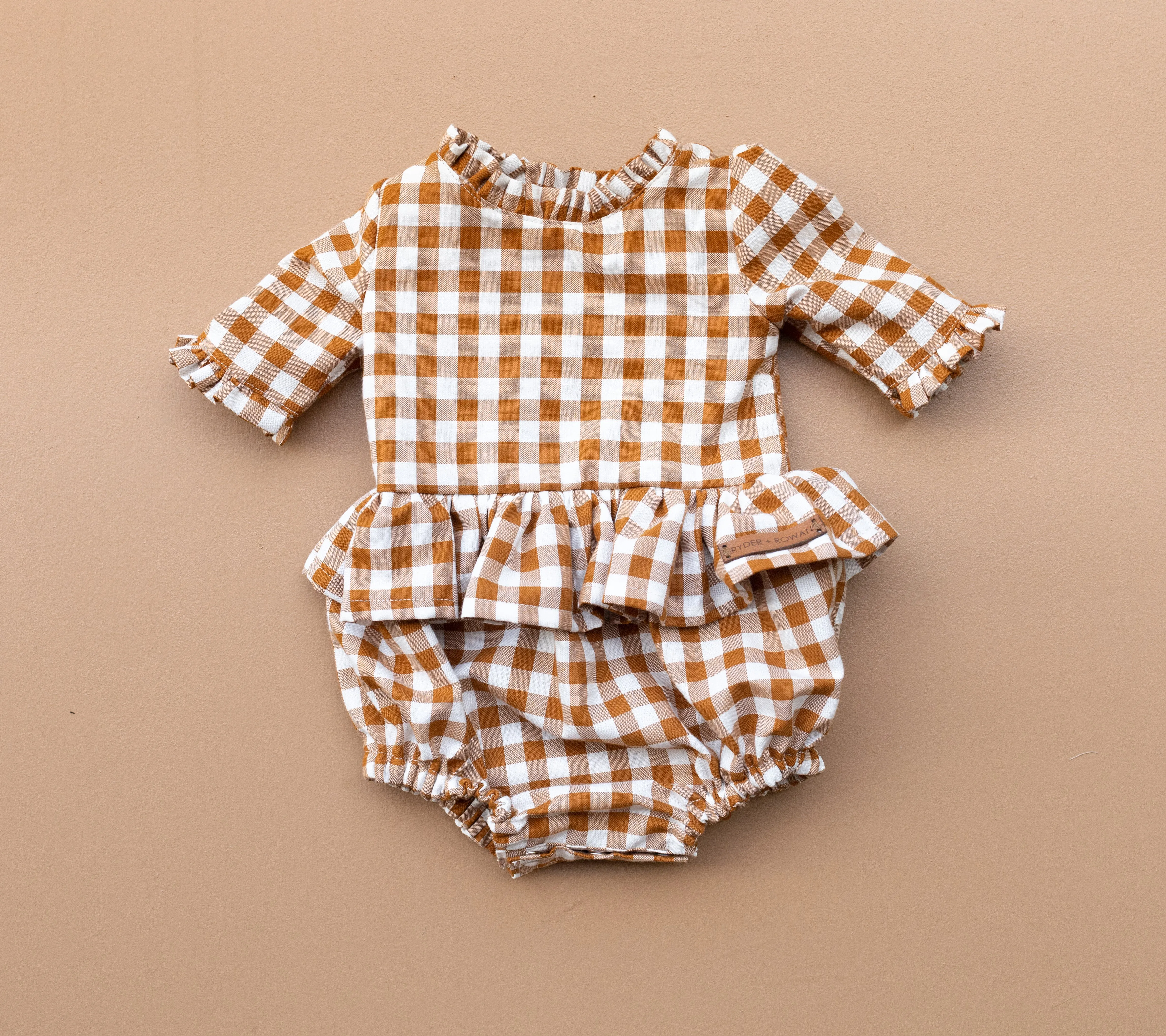 Gingham Wooden Button Romper - Cinnamon - Ready to ship