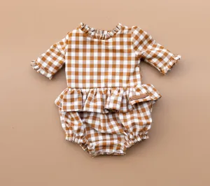 Gingham Wooden Button Romper - Cinnamon - Ready to ship