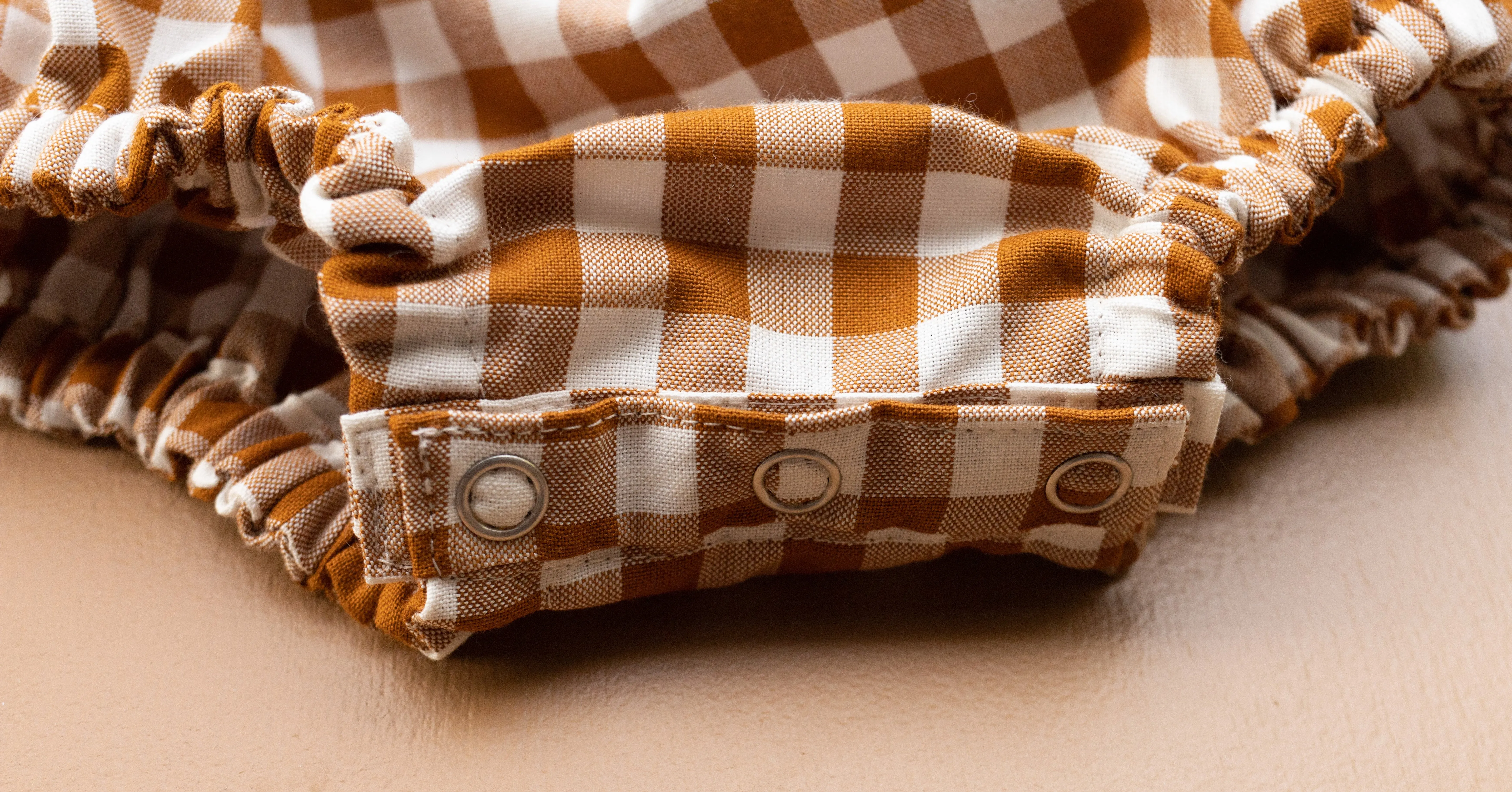 Gingham Wooden Button Romper - Cinnamon - Ready to ship