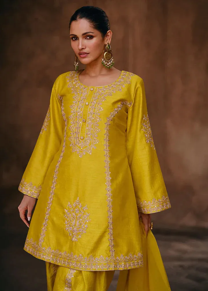 Glamourous Yellow Heavy Embroidered Dhoti Style Suit