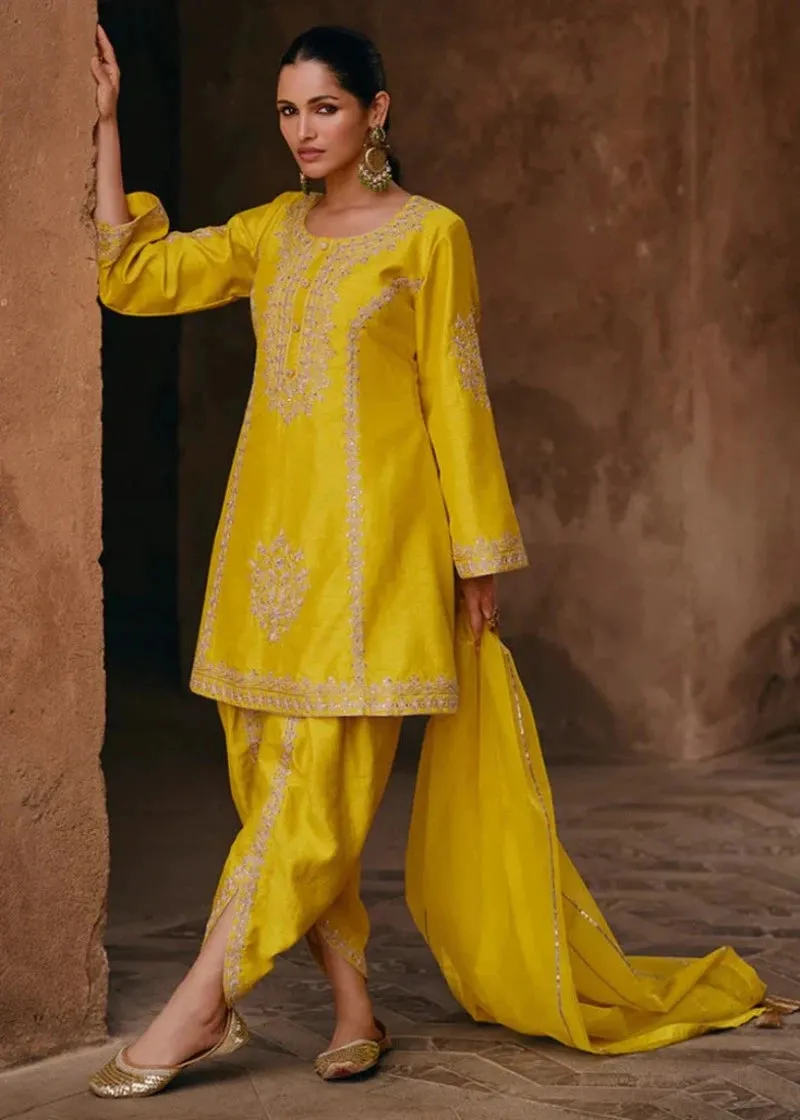 Glamourous Yellow Heavy Embroidered Dhoti Style Suit
