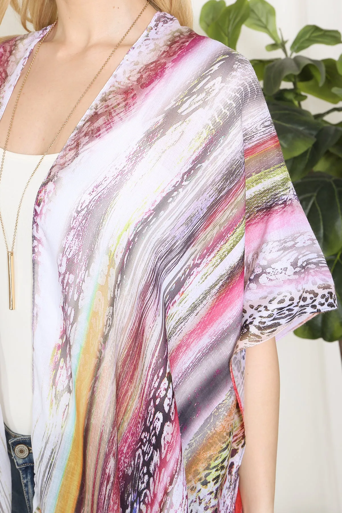 GRAIN LINE MULTICOLOR PRINT OPEN FRONT LONG KIMONO