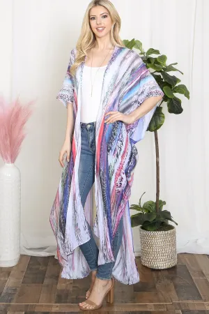 GRAIN LINE MULTICOLOR PRINT OPEN FRONT LONG KIMONO