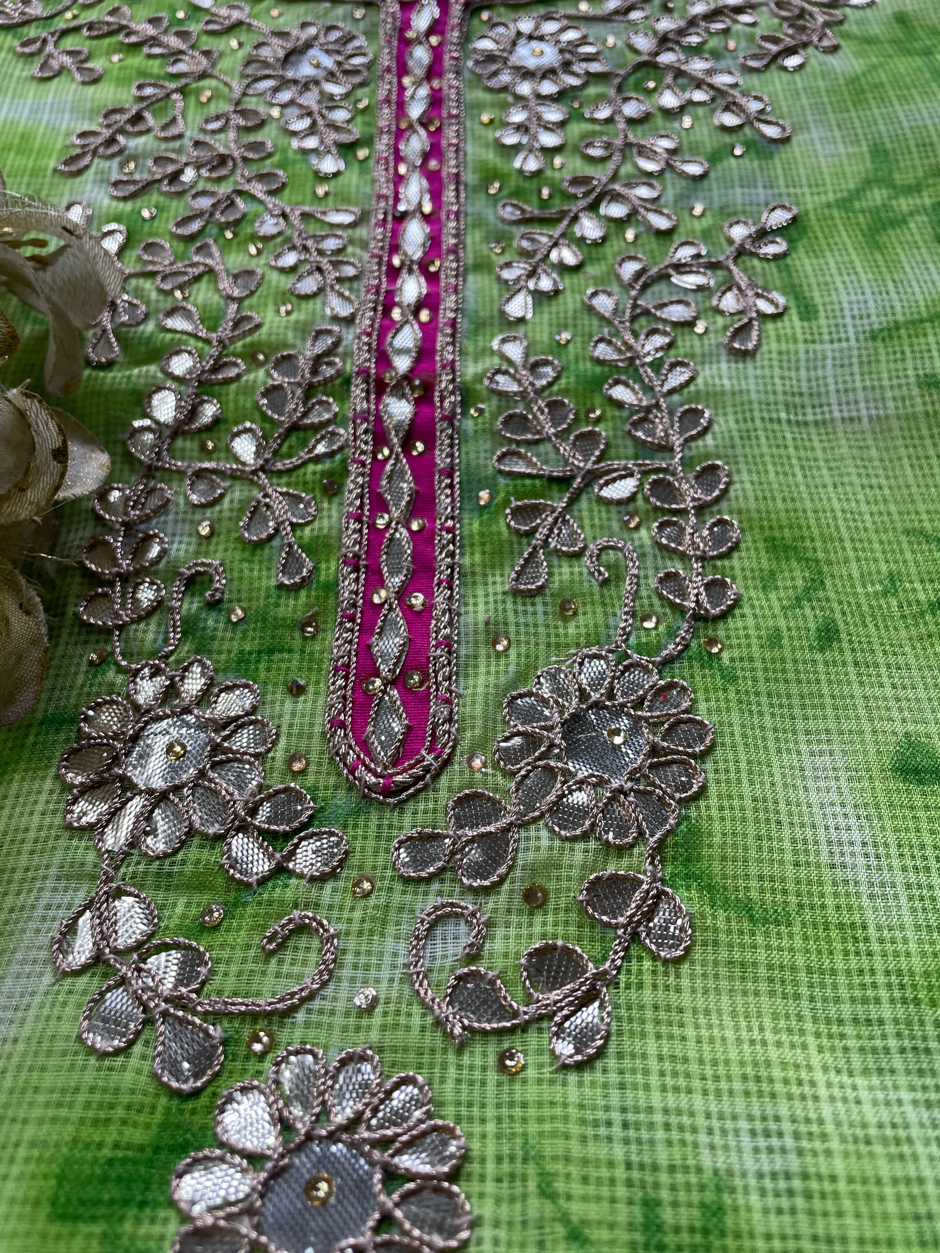 Green Gota Patti Kurti In Kota Doria