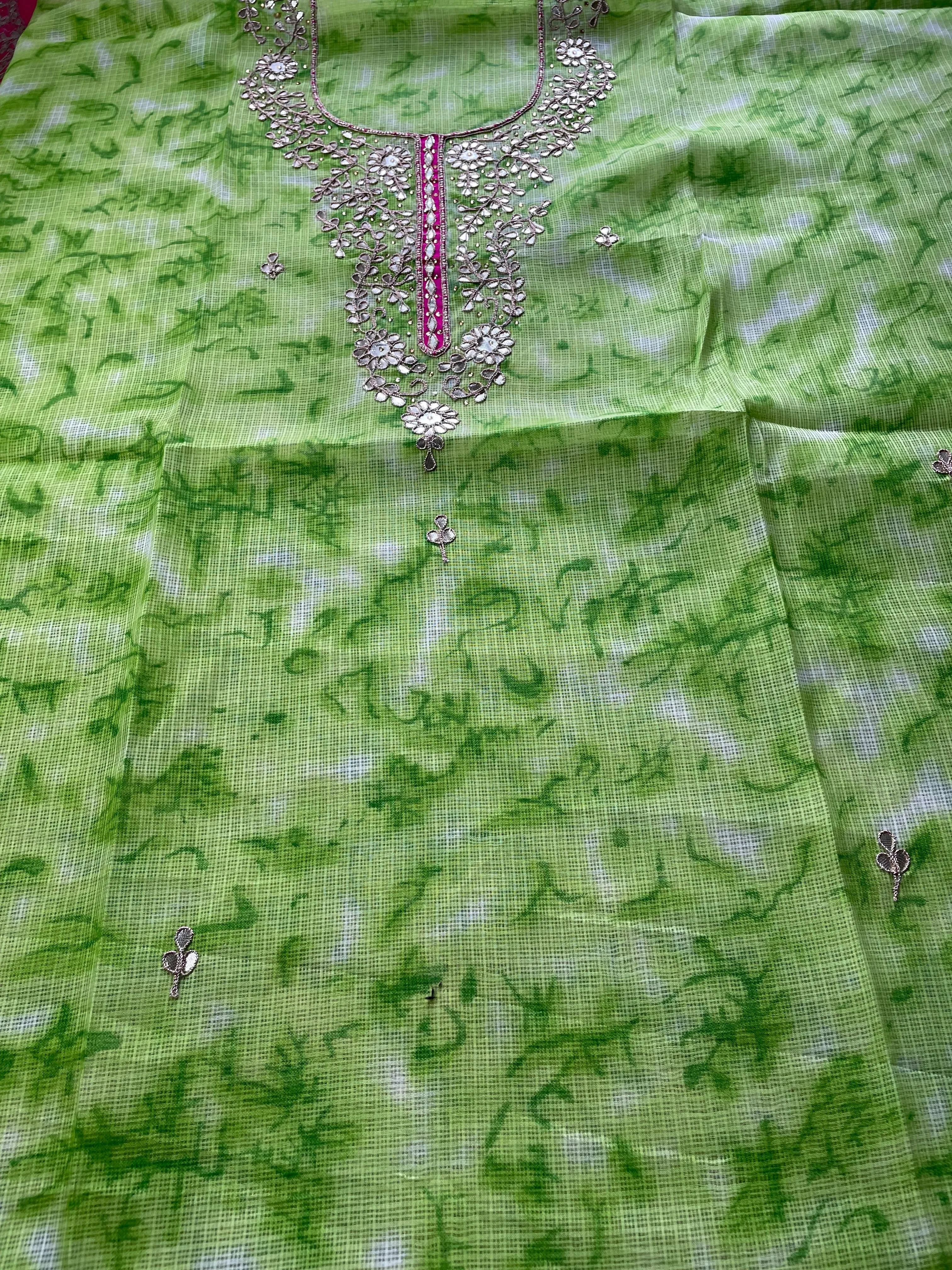 Green Gota Patti Kurti In Kota Doria
