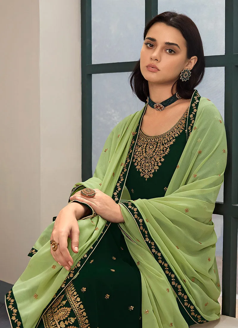 Green Two Tone Embroidered Palazzo Style Pant Suit