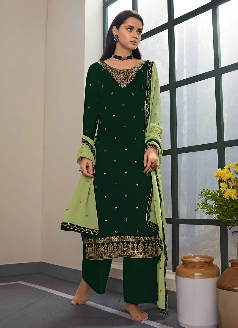 Green Two Tone Embroidered Palazzo Style Pant Suit