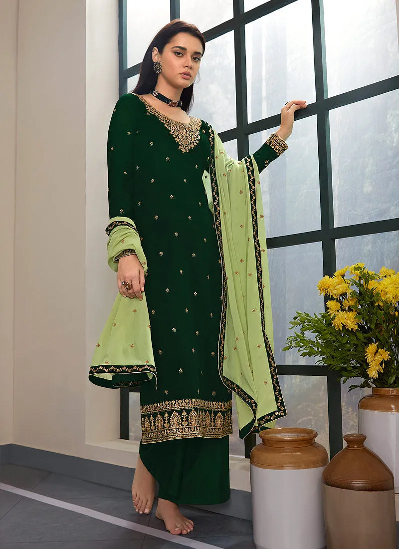 Green Two Tone Embroidered Palazzo Style Pant Suit