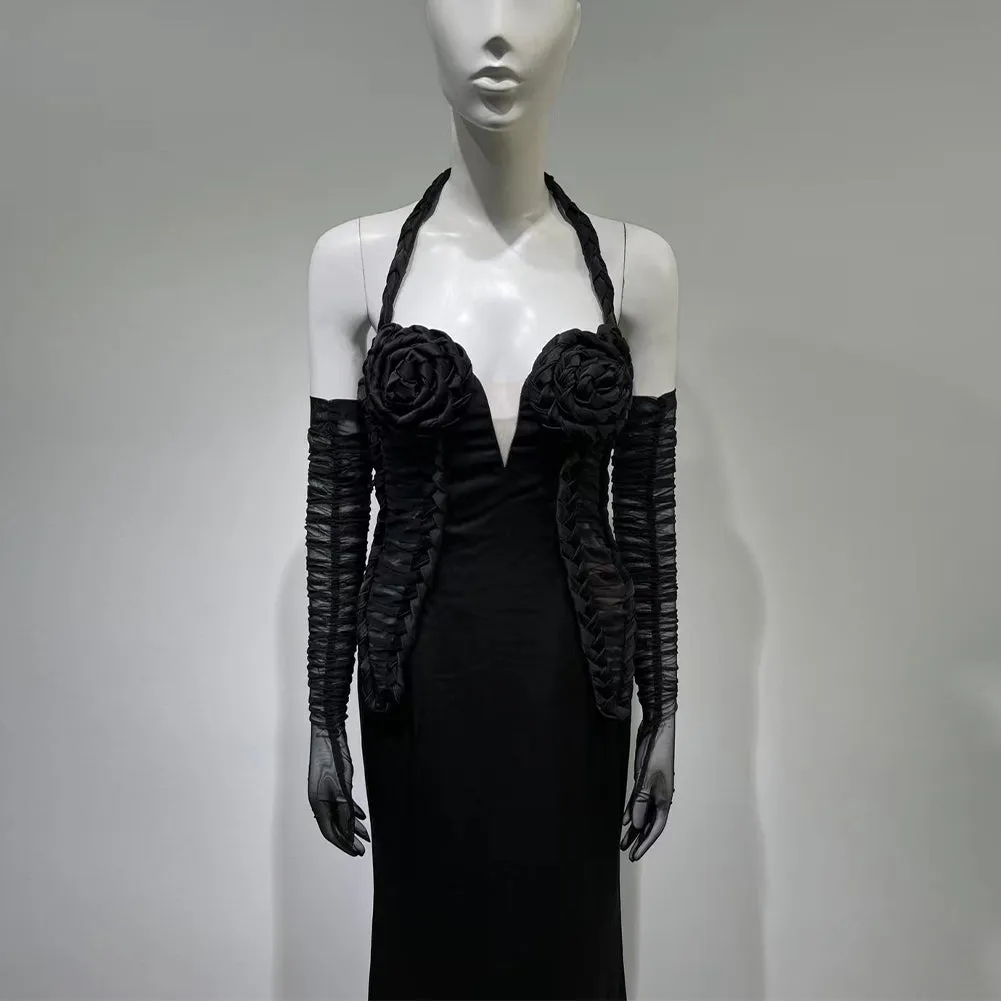 Halter Sleeveless With Gloves Maxi Bodycon Dress HT973