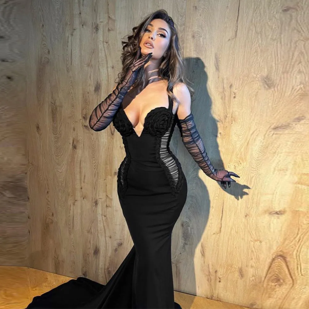 Halter Sleeveless With Gloves Maxi Bodycon Dress HT973