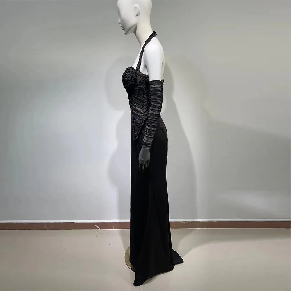 Halter Sleeveless With Gloves Maxi Bodycon Dress HT973