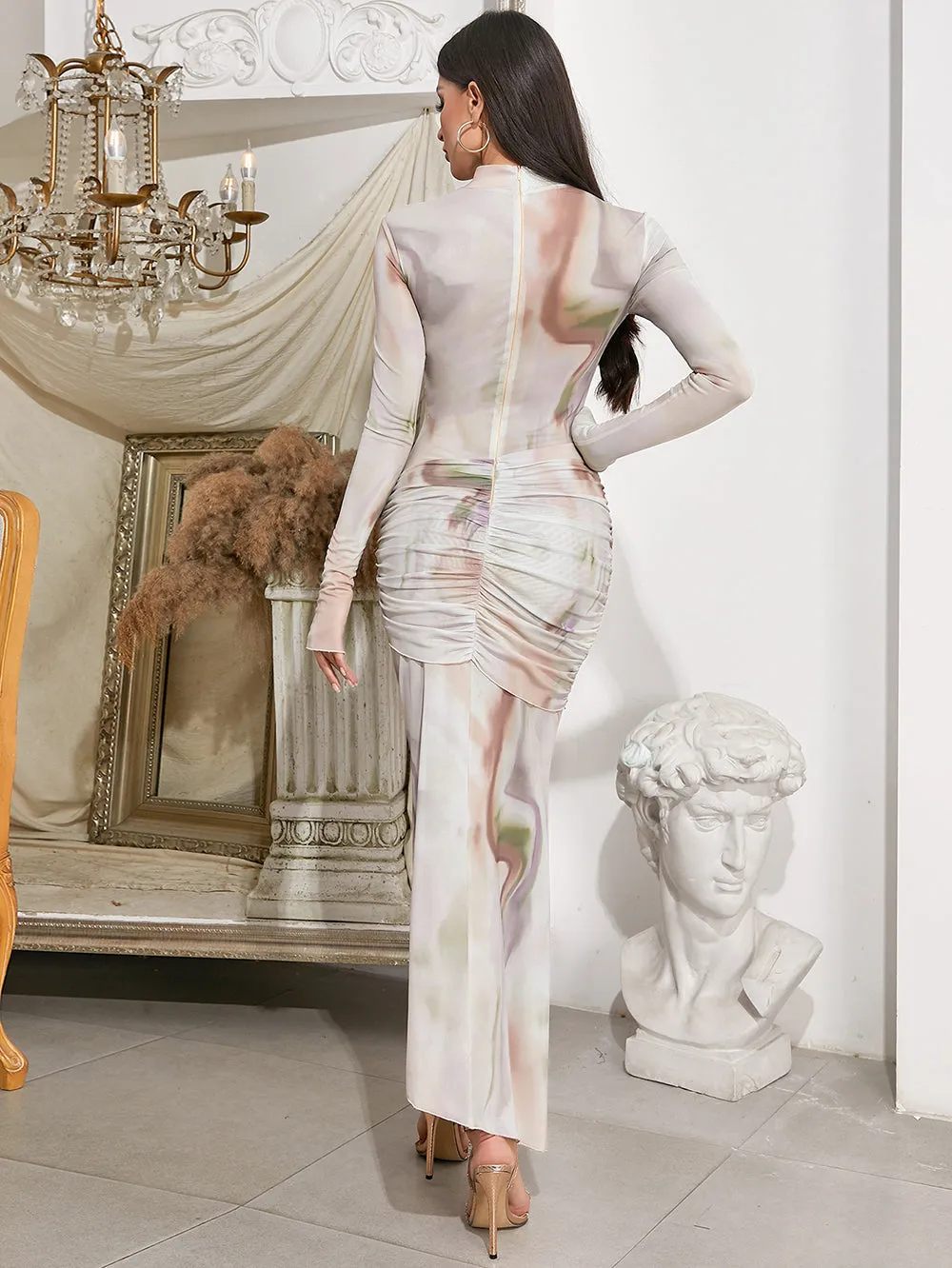 High Neck Long Sleeve Wrinkled Maxi Bodycon Dress HB0386