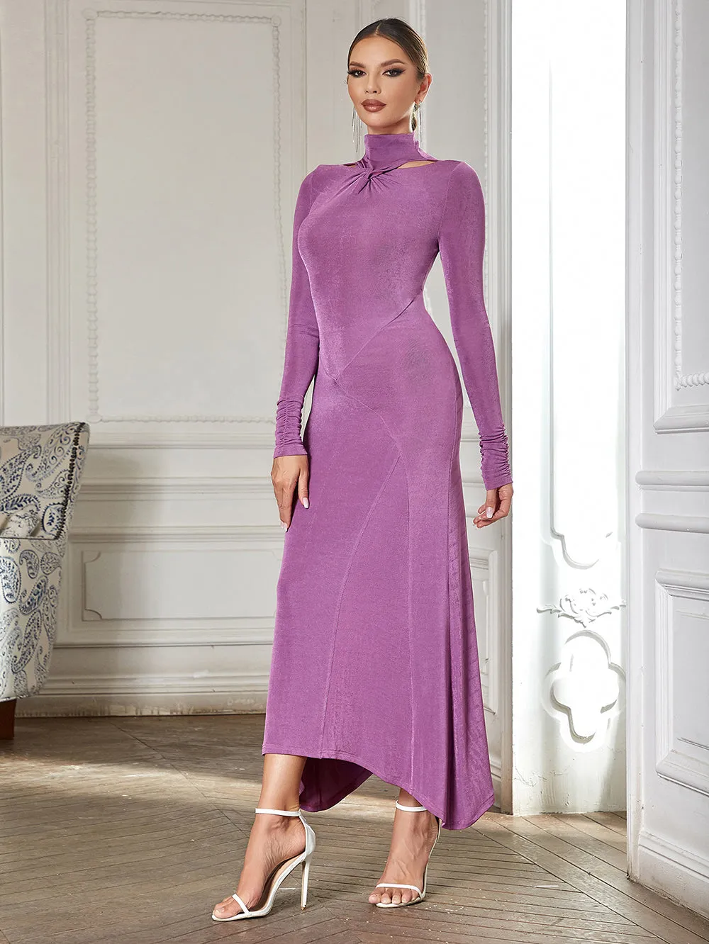 High Neck Solid Color Maxi Bodycon Dress HB0351