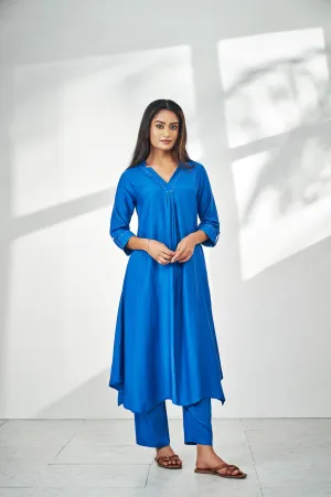 High V-neck Solid Blue Kurta Set