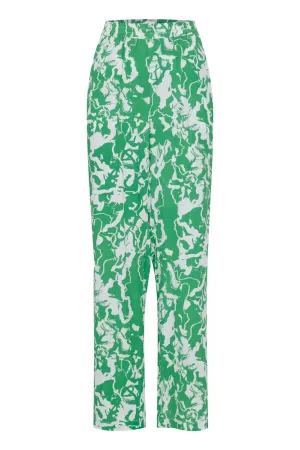ICHI Regine Pants - Green and white patterned loose trouser