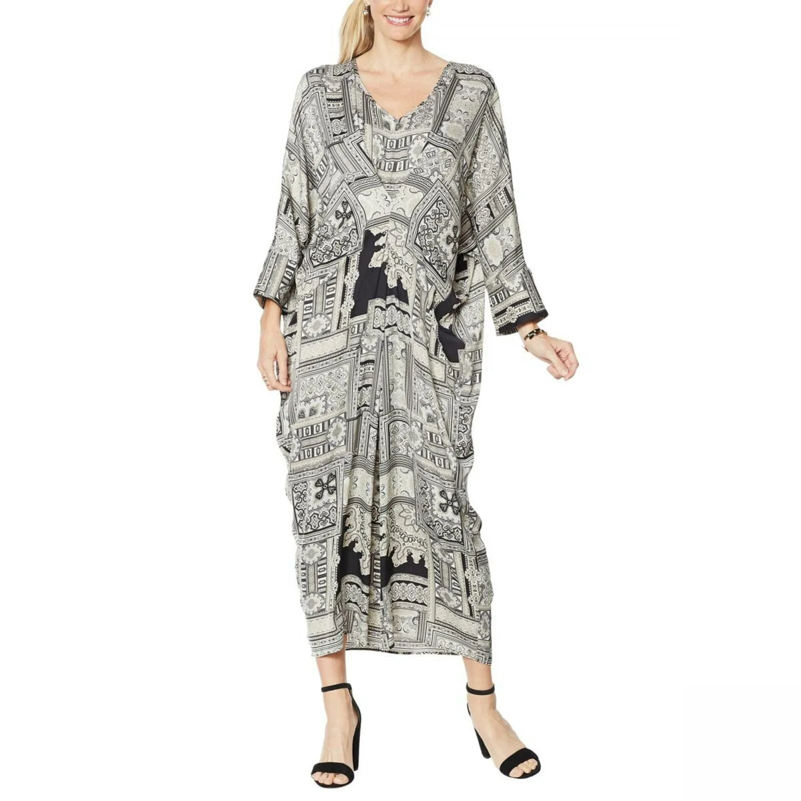IMAN Long Sleeve City Chic Printed Caftan Dress Black Paisley Large