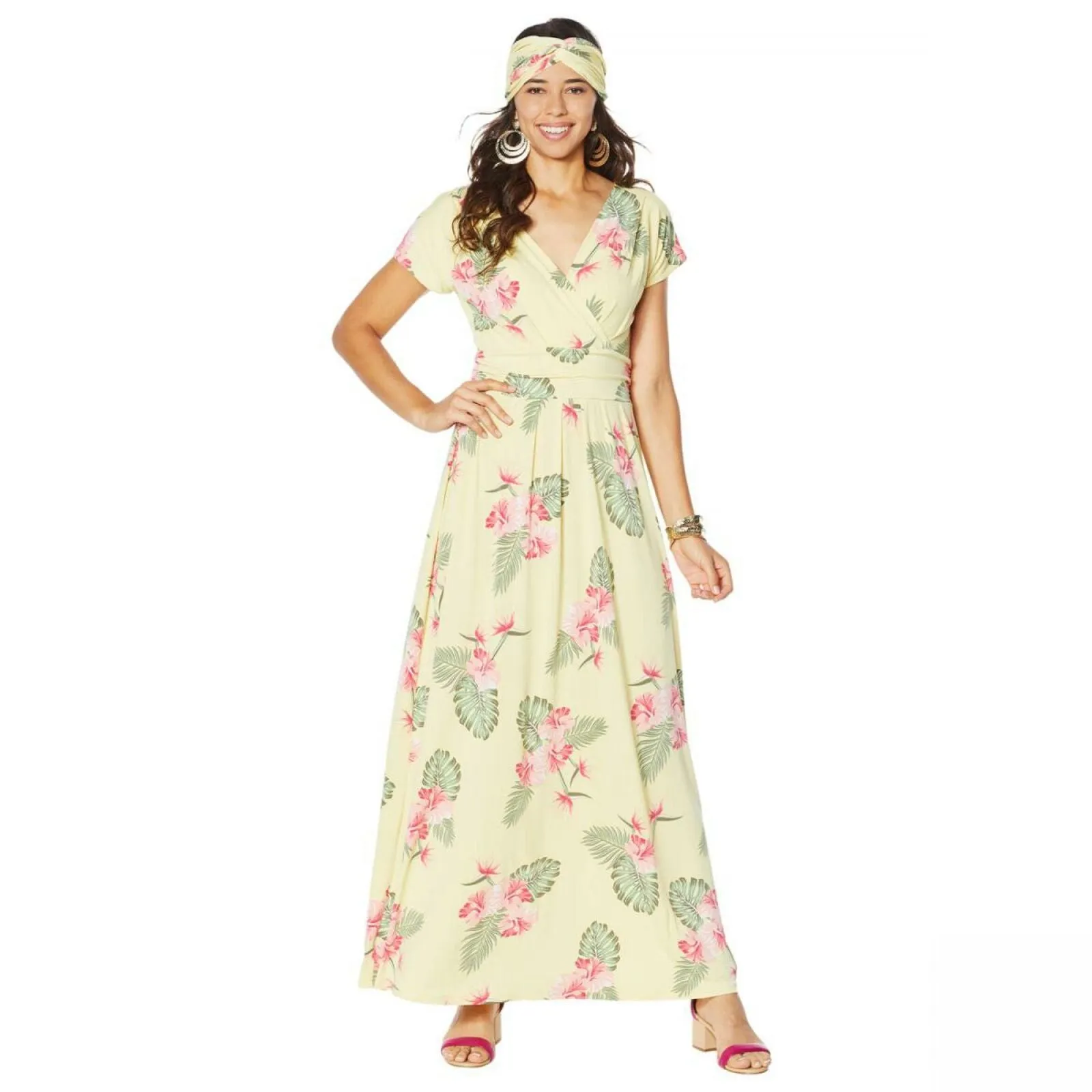IMAN Women's Boho Chic Maxi Dress with Head Wrap Yellow Floral Petite XL