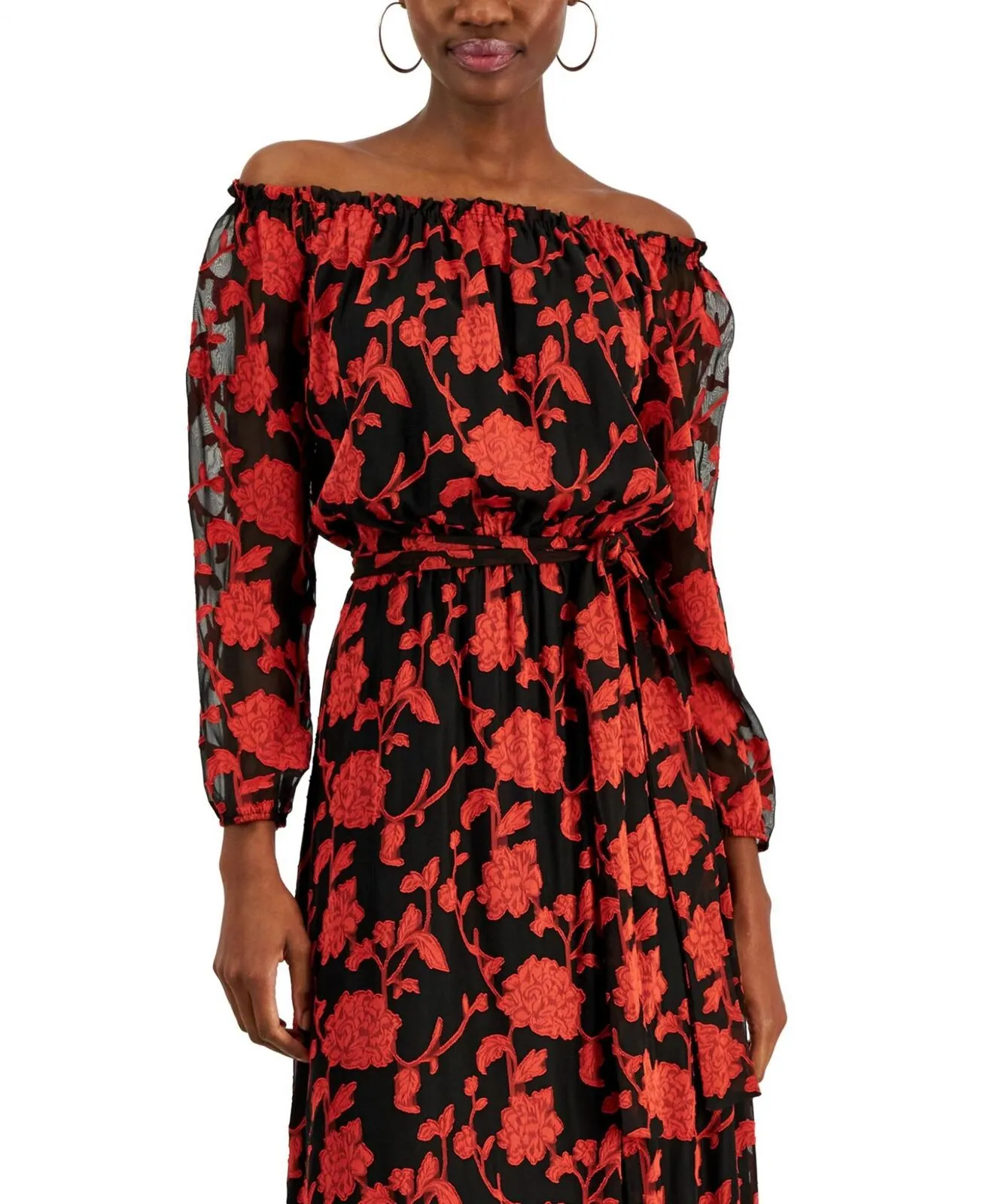 Inc International Concepts Floral-Print Off-The-Shoulder Maxi Dress Red Black 16