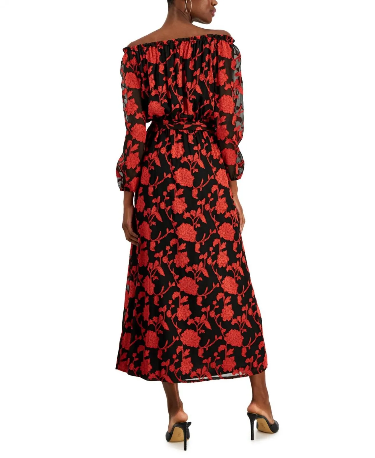 Inc International Concepts Floral-Print Off-The-Shoulder Maxi Dress Red Black 16