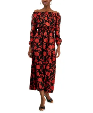 Inc International Concepts Floral-Print Off-The-Shoulder Maxi Dress Red Black 16