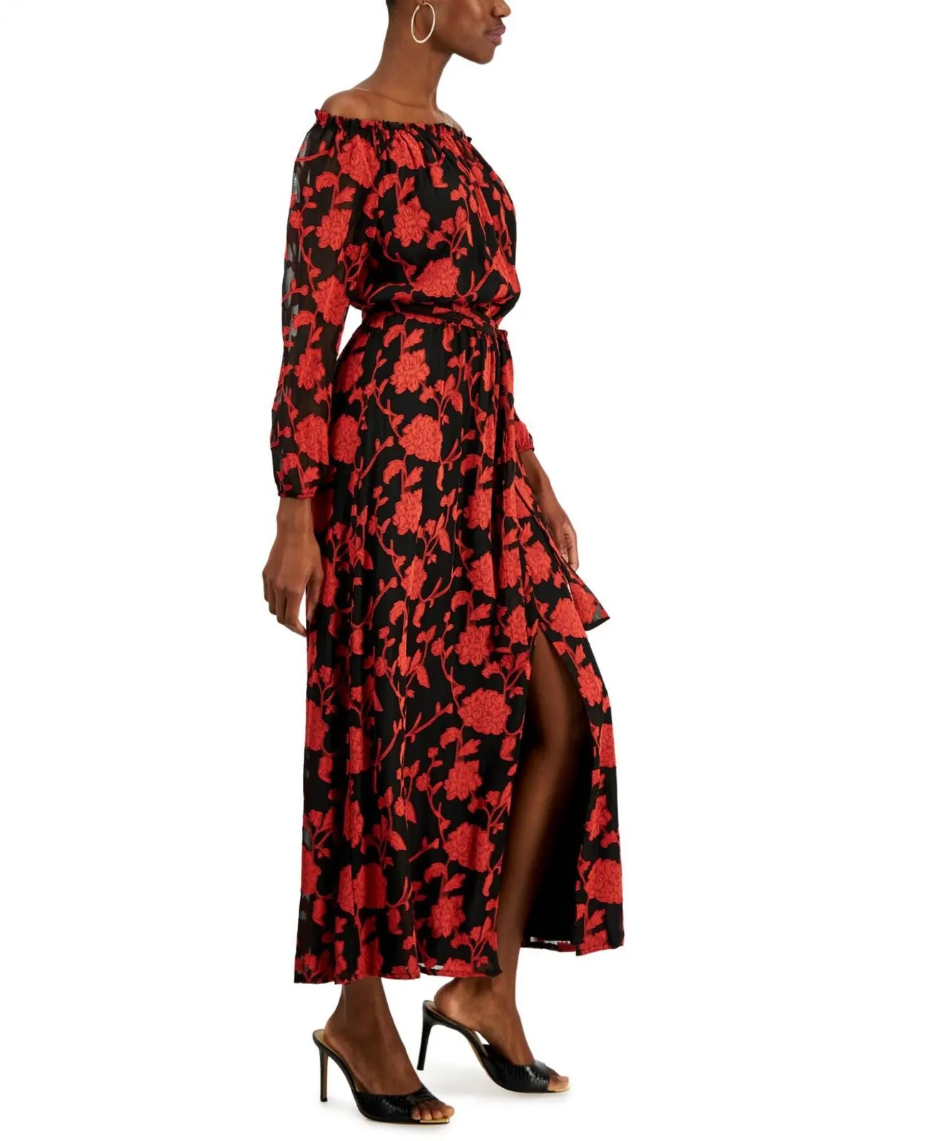 Inc International Concepts Floral-Print Off-The-Shoulder Maxi Dress Red Black 16