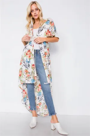 Ivory Rose & Blue Floral Print High-low Kimono Cover-up