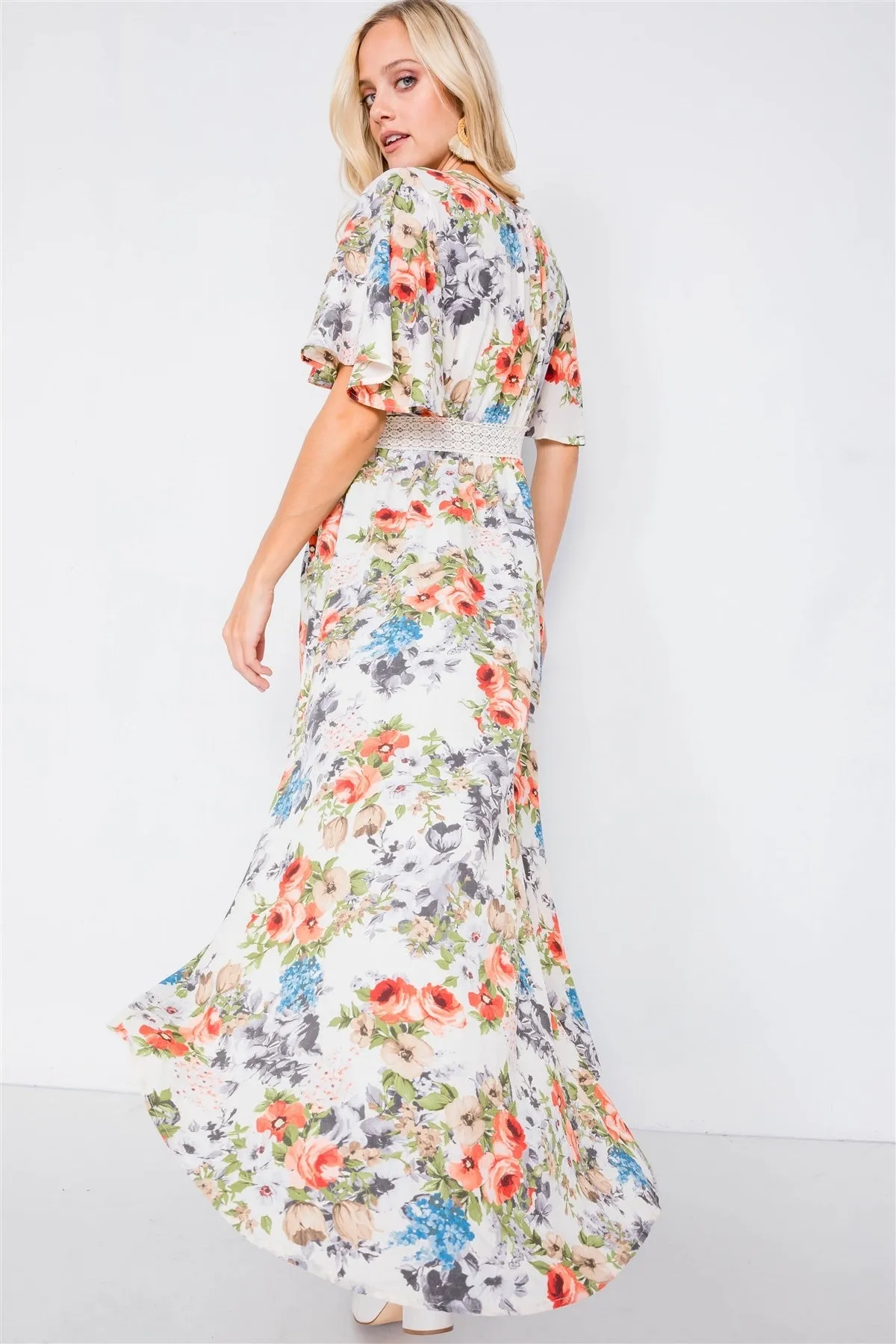 Ivory Rose & Blue Floral Print High-low Kimono Cover-up