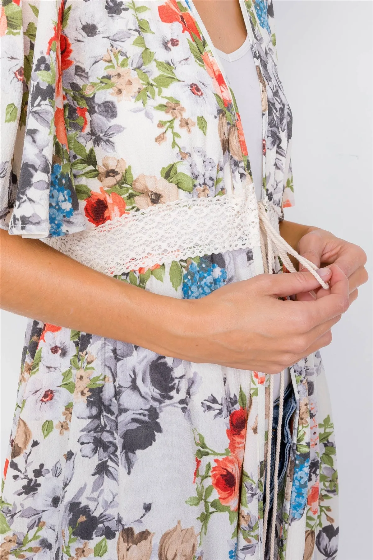 Ivory Rose & Blue Floral Print High-low Kimono Cover-up