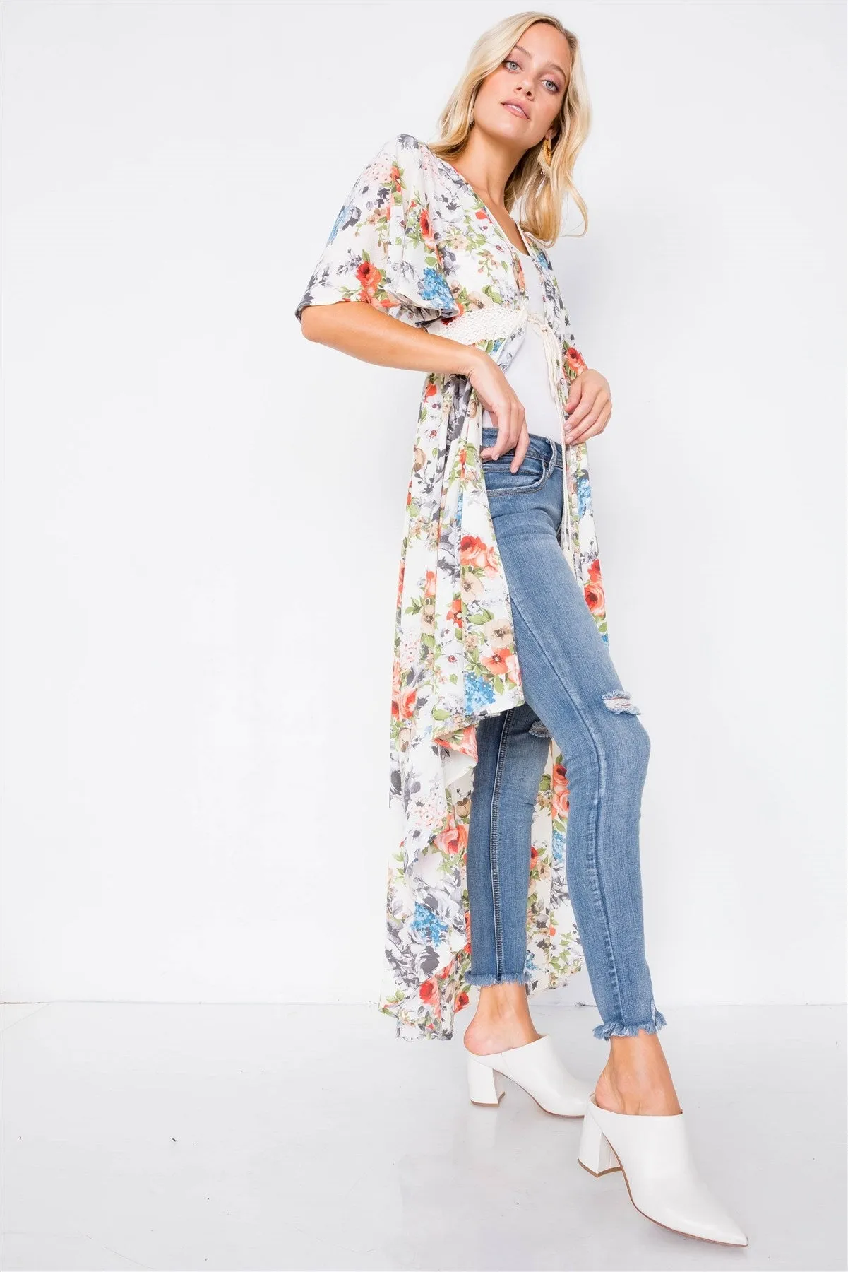 Ivory Rose & Blue Floral Print High-low Kimono Cover-up