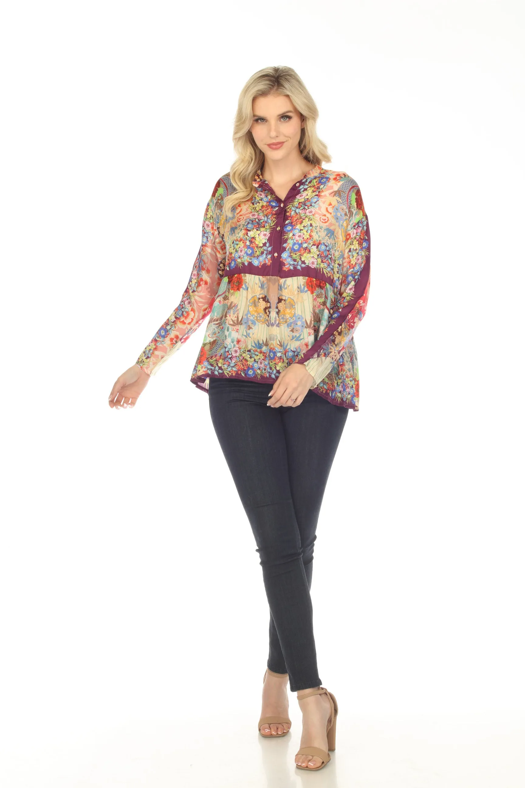 Johnny Was Adalena Derive Silk Floral Long Sleeve Blouse Boho Chic C16023