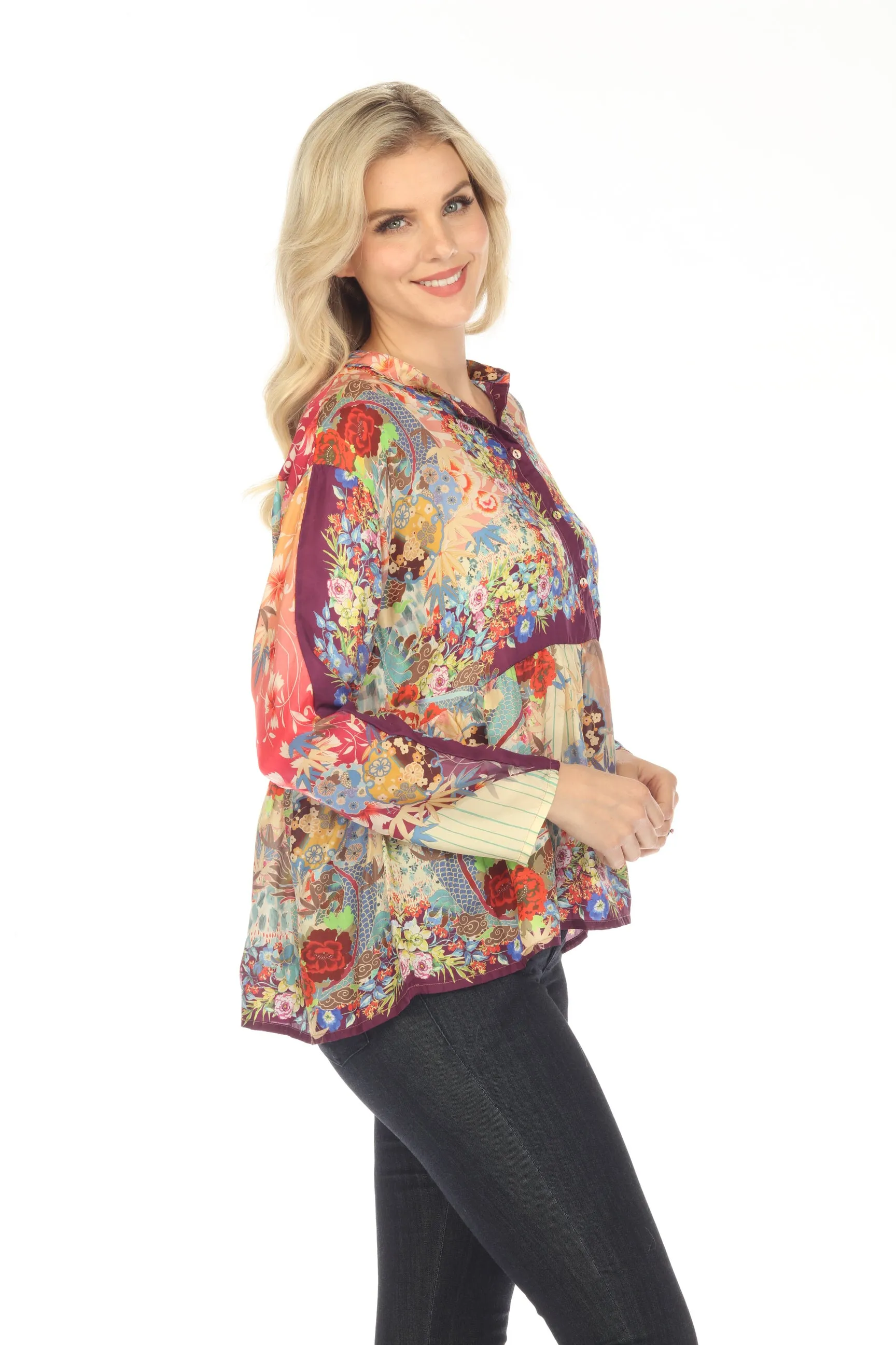Johnny Was Adalena Derive Silk Floral Long Sleeve Blouse Boho Chic C16023