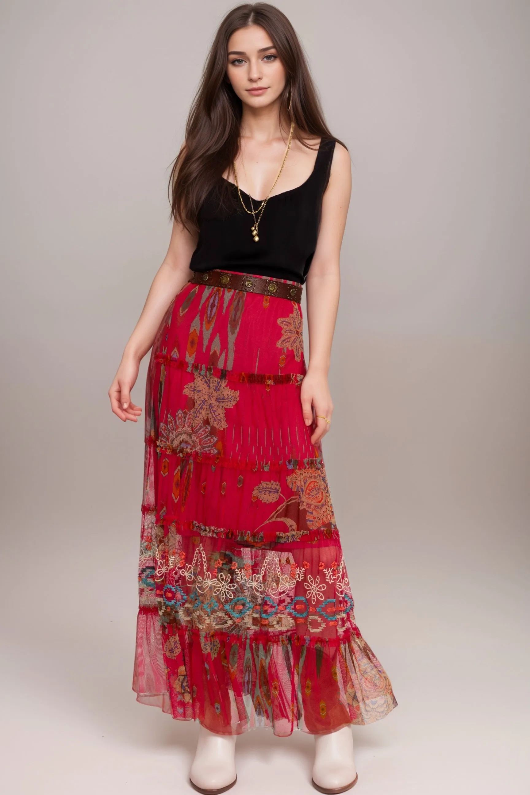 Johnny Was Biya Feather Lark Mesh Tiered Maxi Skirt B71324