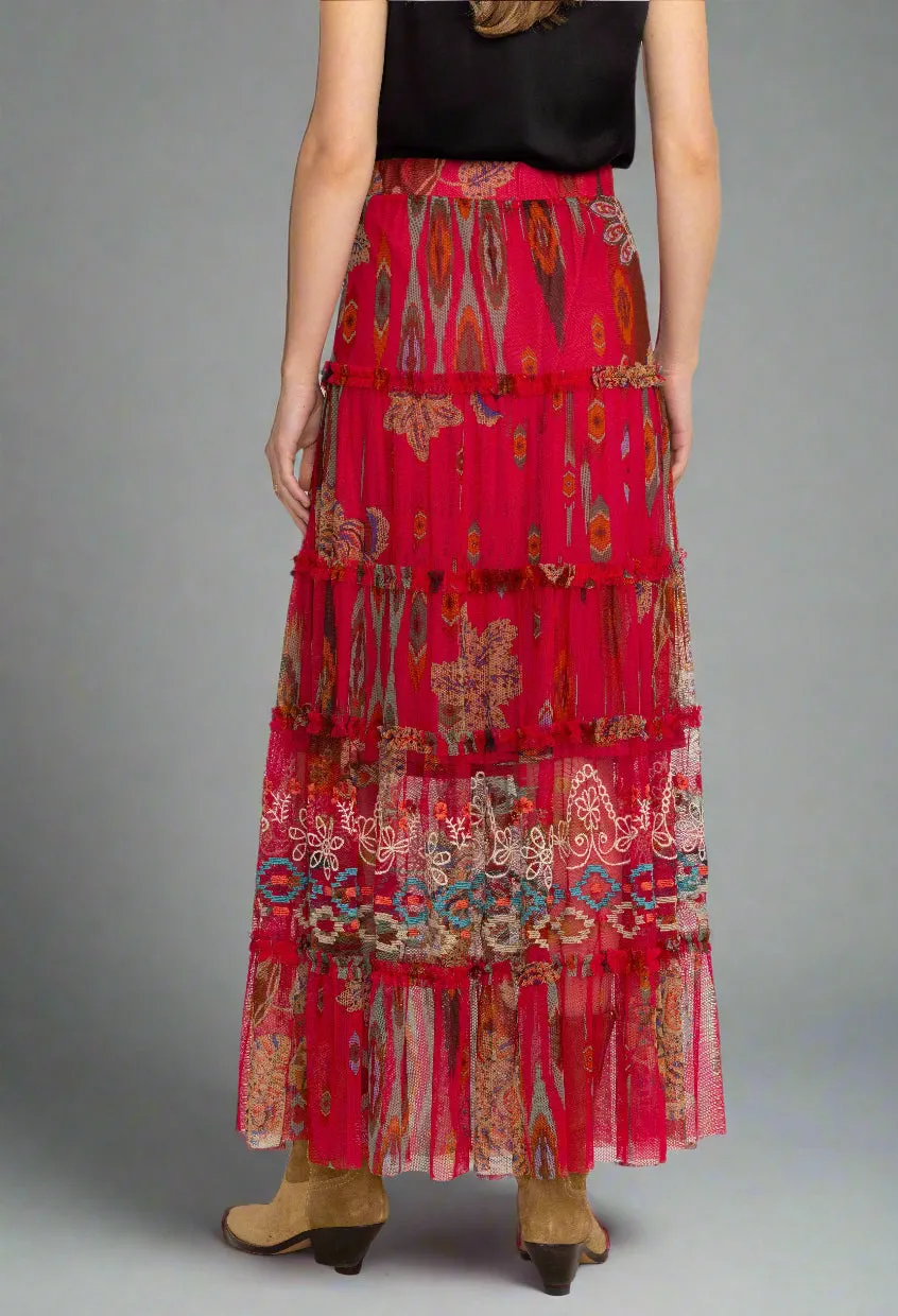 Johnny Was Biya Feather Lark Mesh Tiered Maxi Skirt B71324