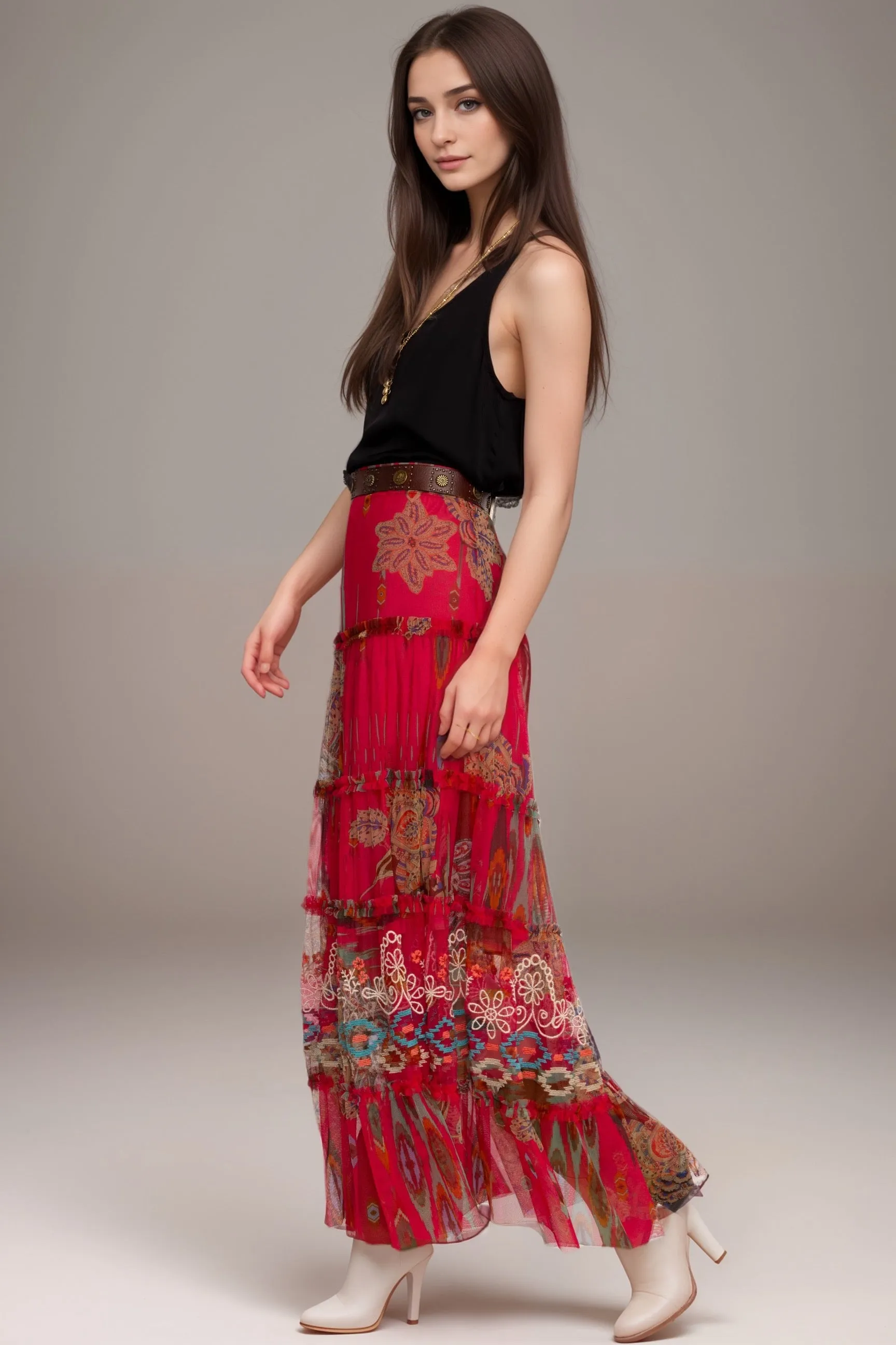 Johnny Was Biya Feather Lark Mesh Tiered Maxi Skirt B71324