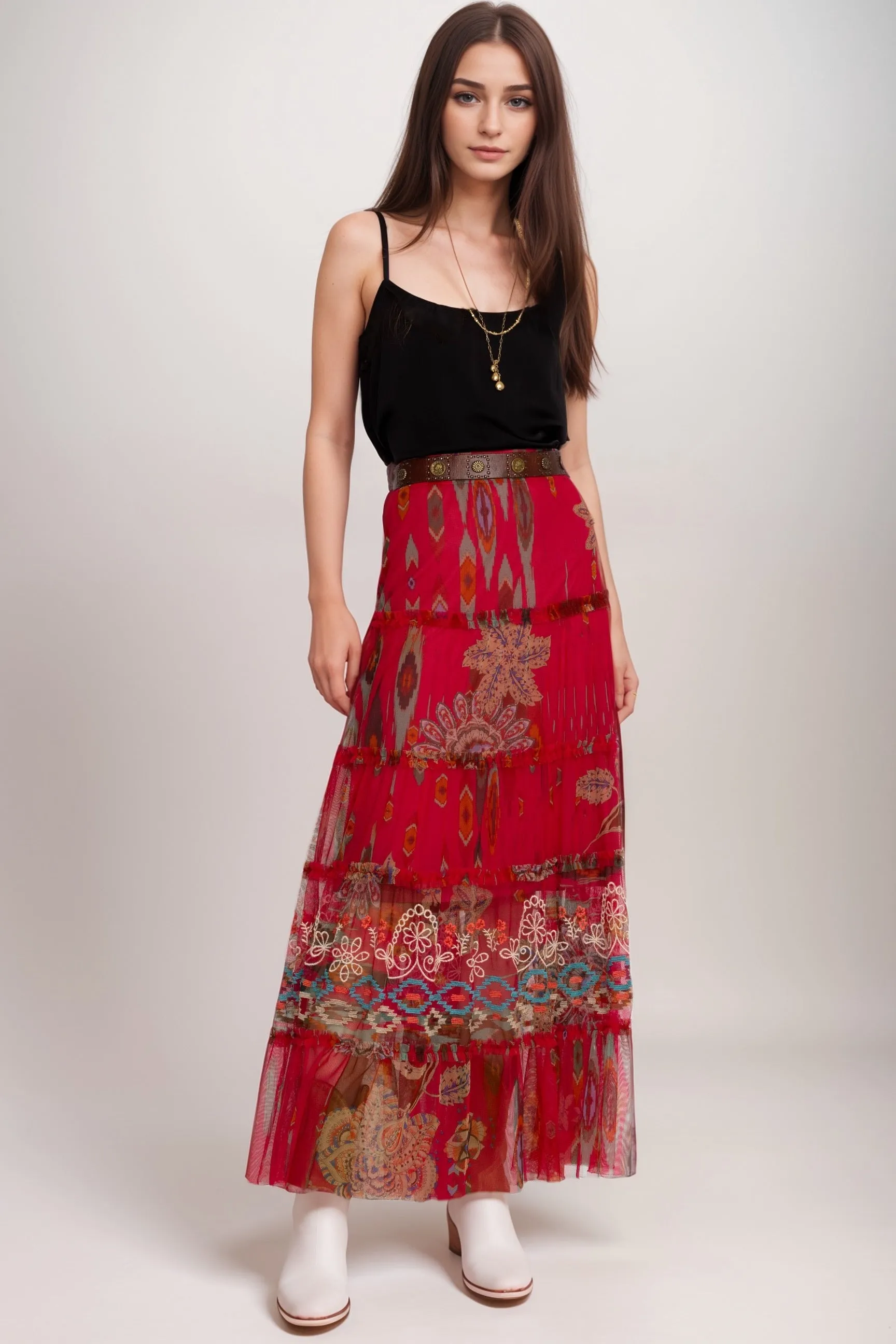 Johnny Was Biya Feather Lark Mesh Tiered Maxi Skirt B71324
