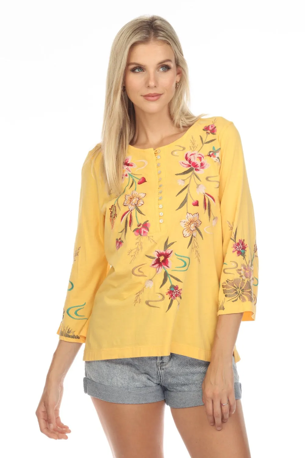 Johnny Was JWLA Maisie 3/4 Sleeve Button Front Tee Boho Chic J15923