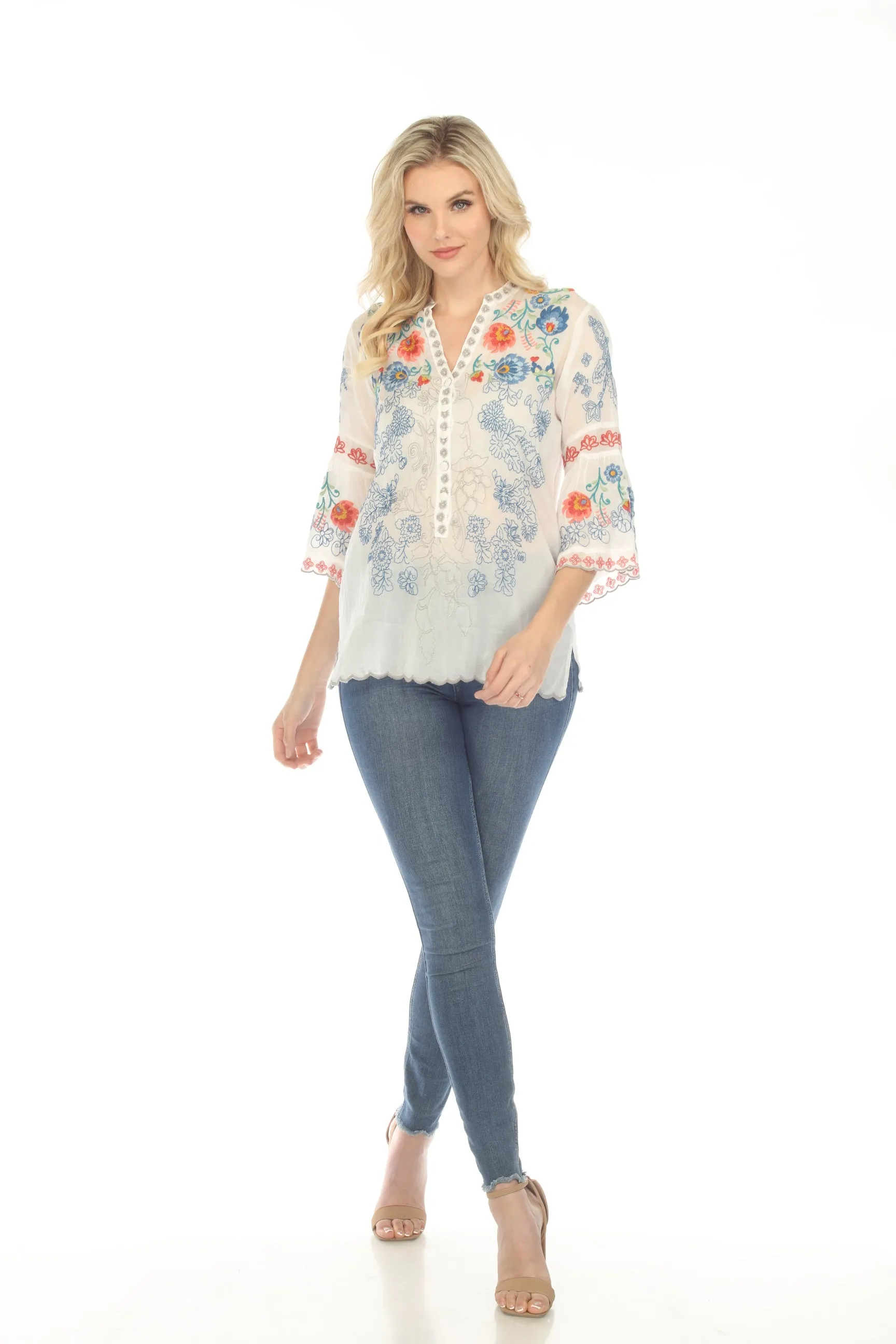 Johnny Was Maverick Embroidered 3/4 Sleeve Blouse Boho Chic C12723