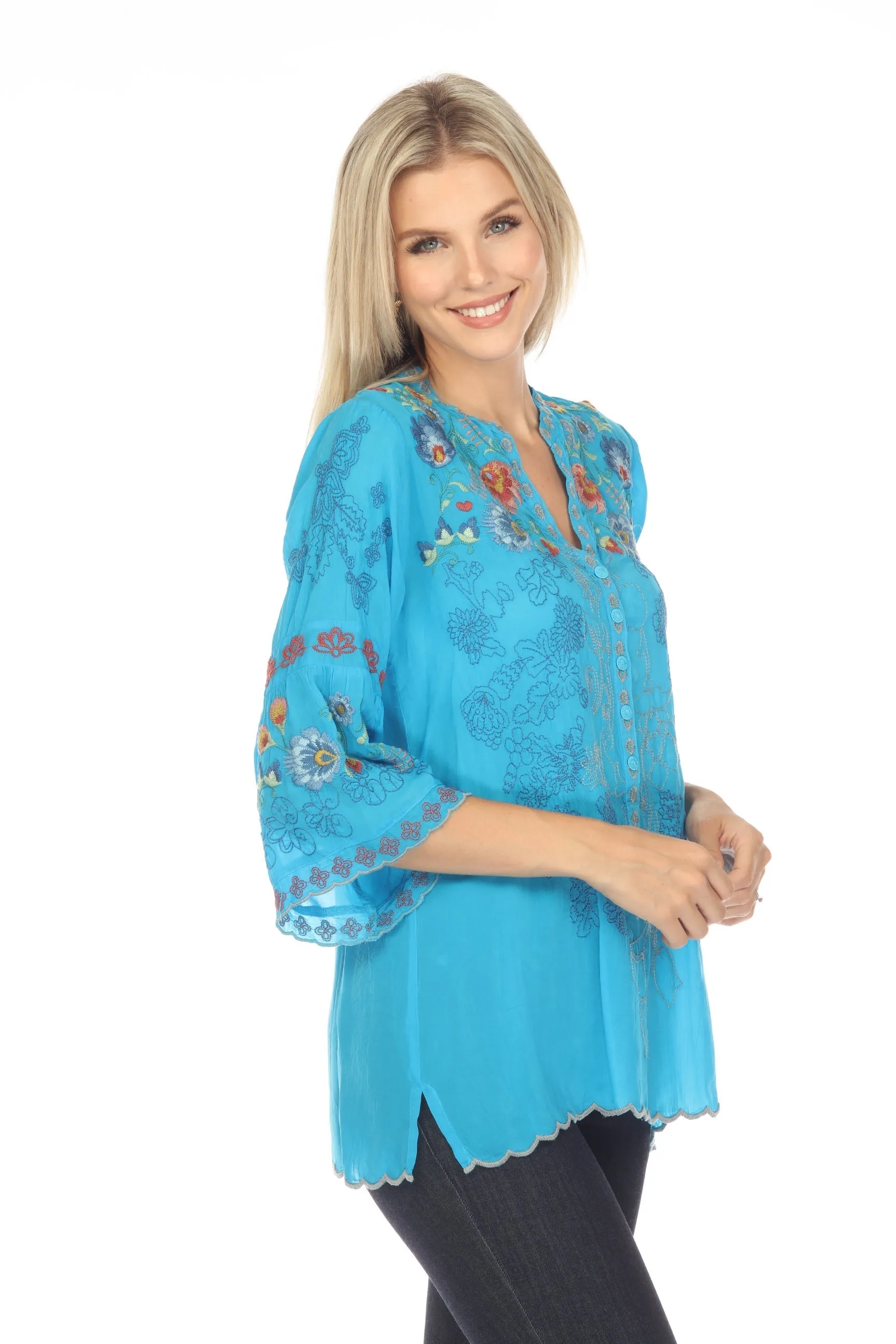 Johnny Was Maverick Embroidered 3/4 Sleeve Blouse Boho Chic C12723
