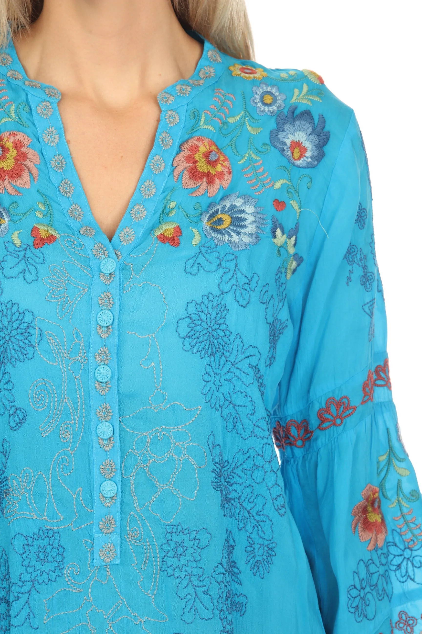 Johnny Was Maverick Embroidered 3/4 Sleeve Blouse Boho Chic C12723