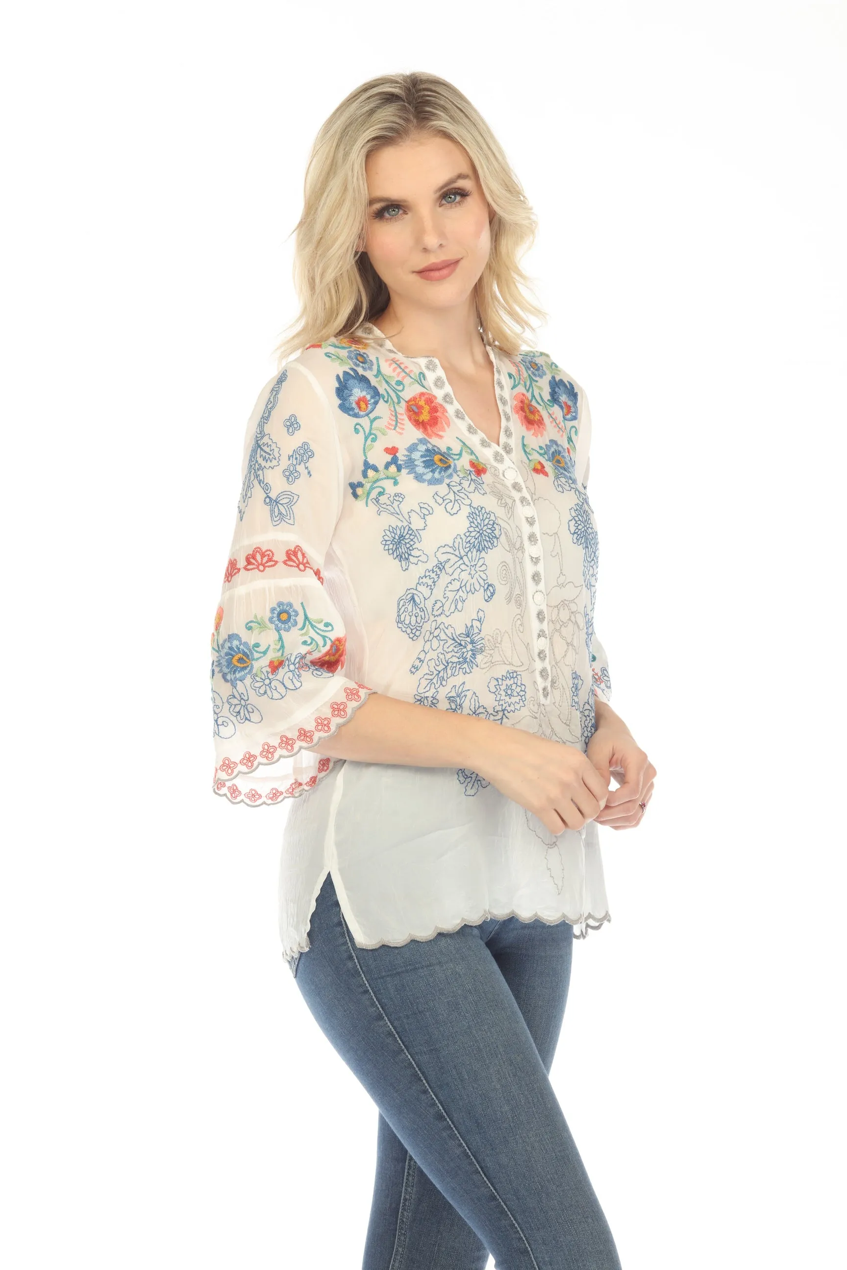 Johnny Was Maverick Embroidered 3/4 Sleeve Blouse Boho Chic C12723