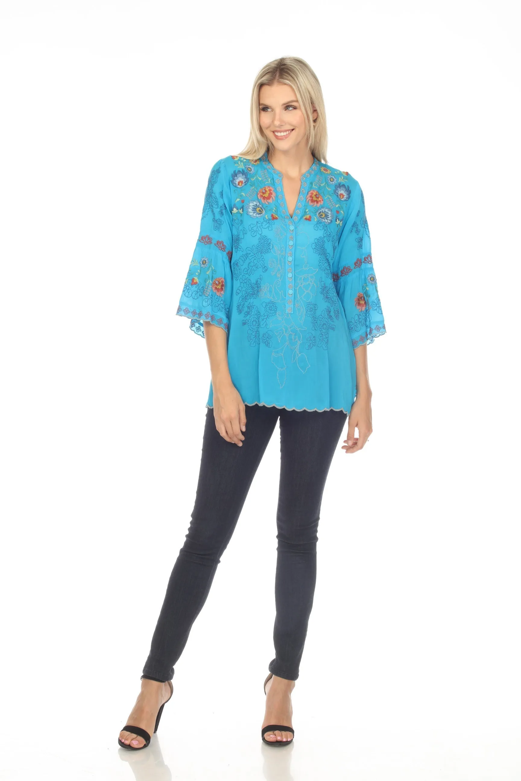 Johnny Was Maverick Embroidered 3/4 Sleeve Blouse Boho Chic C12723