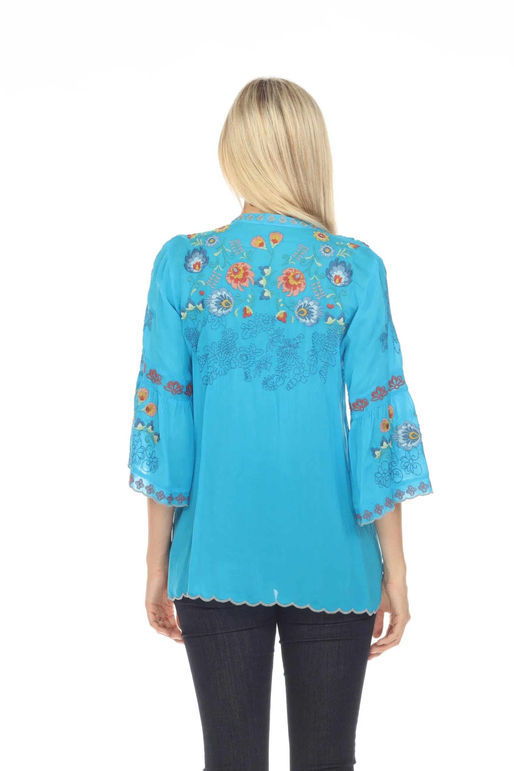 Johnny Was Maverick Embroidered 3/4 Sleeve Blouse Boho Chic C12723
