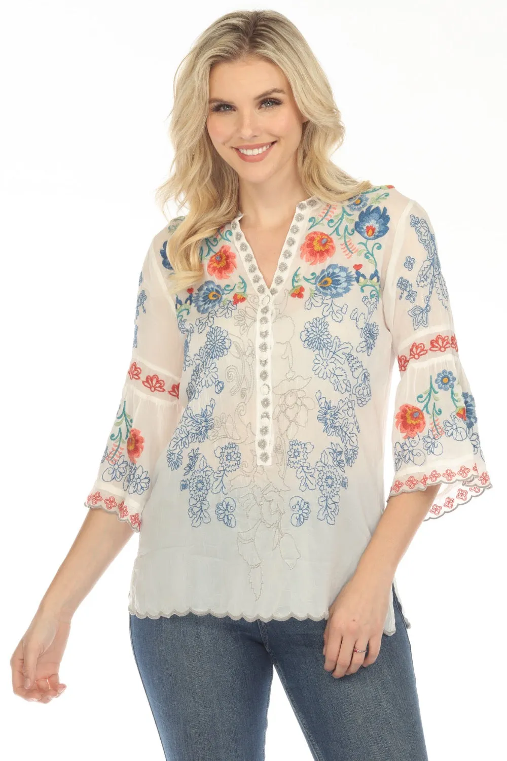 Johnny Was Maverick Embroidered 3/4 Sleeve Blouse Boho Chic C12723