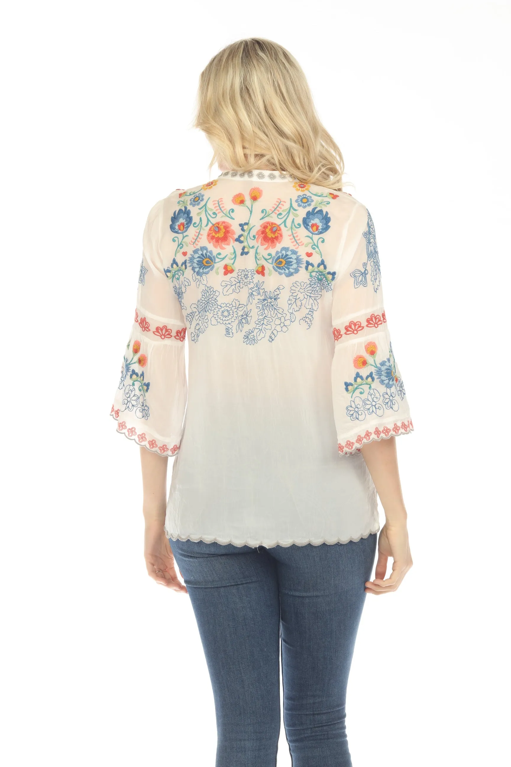 Johnny Was Maverick Embroidered 3/4 Sleeve Blouse Boho Chic C12723