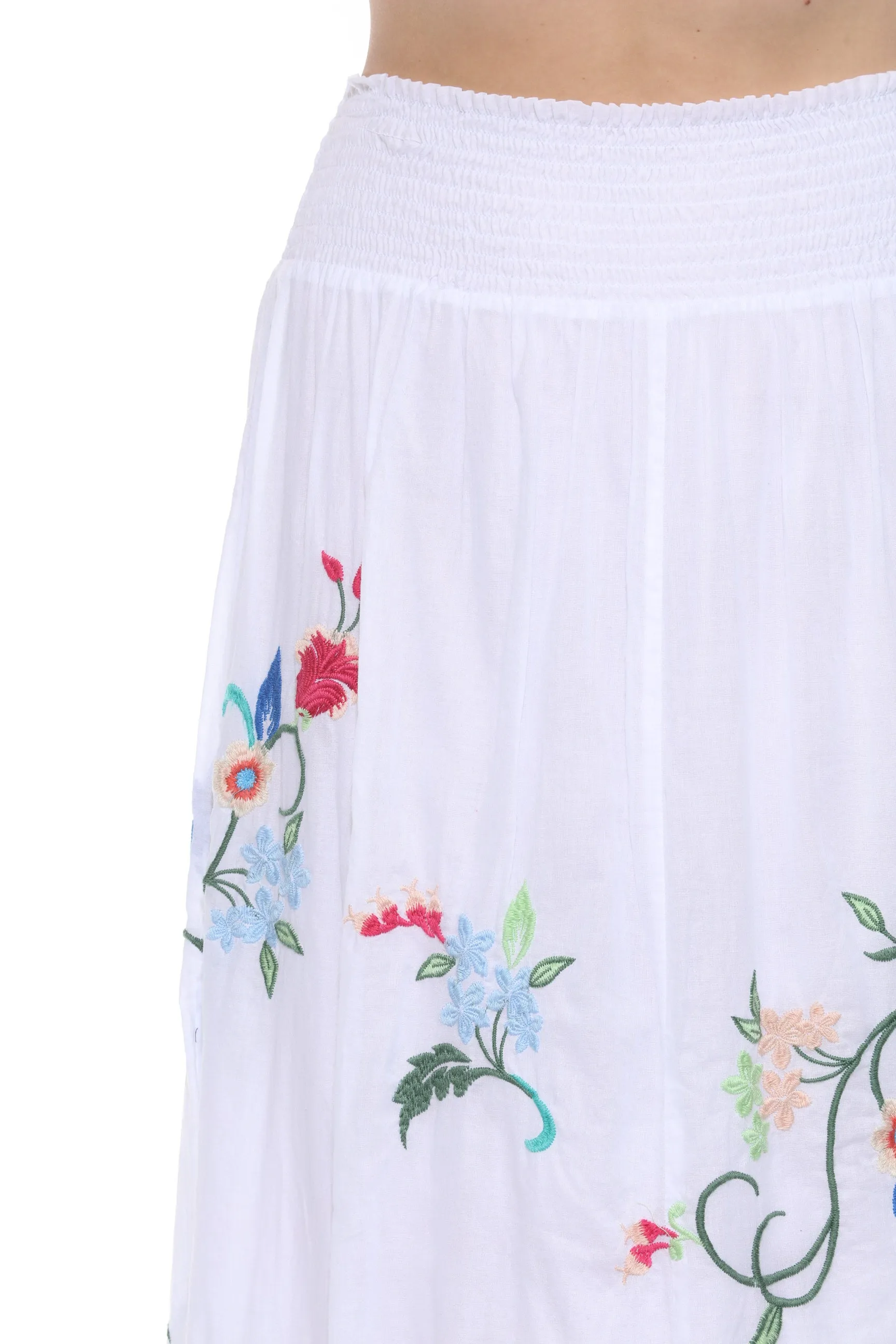 Johnny Was Workshop White Smocked Floral Maxi Skirt W72024