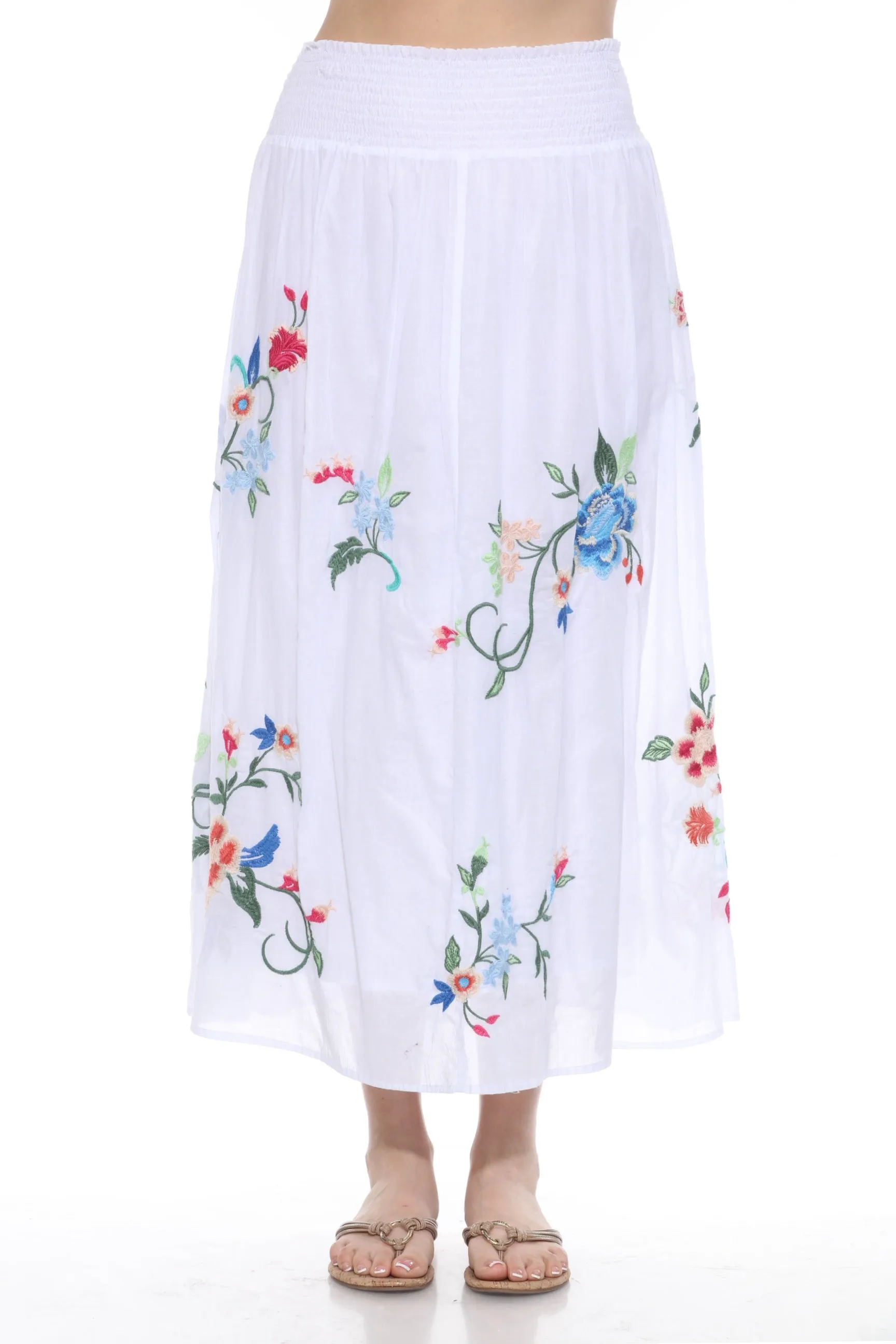 Johnny Was Workshop White Smocked Floral Maxi Skirt W72024