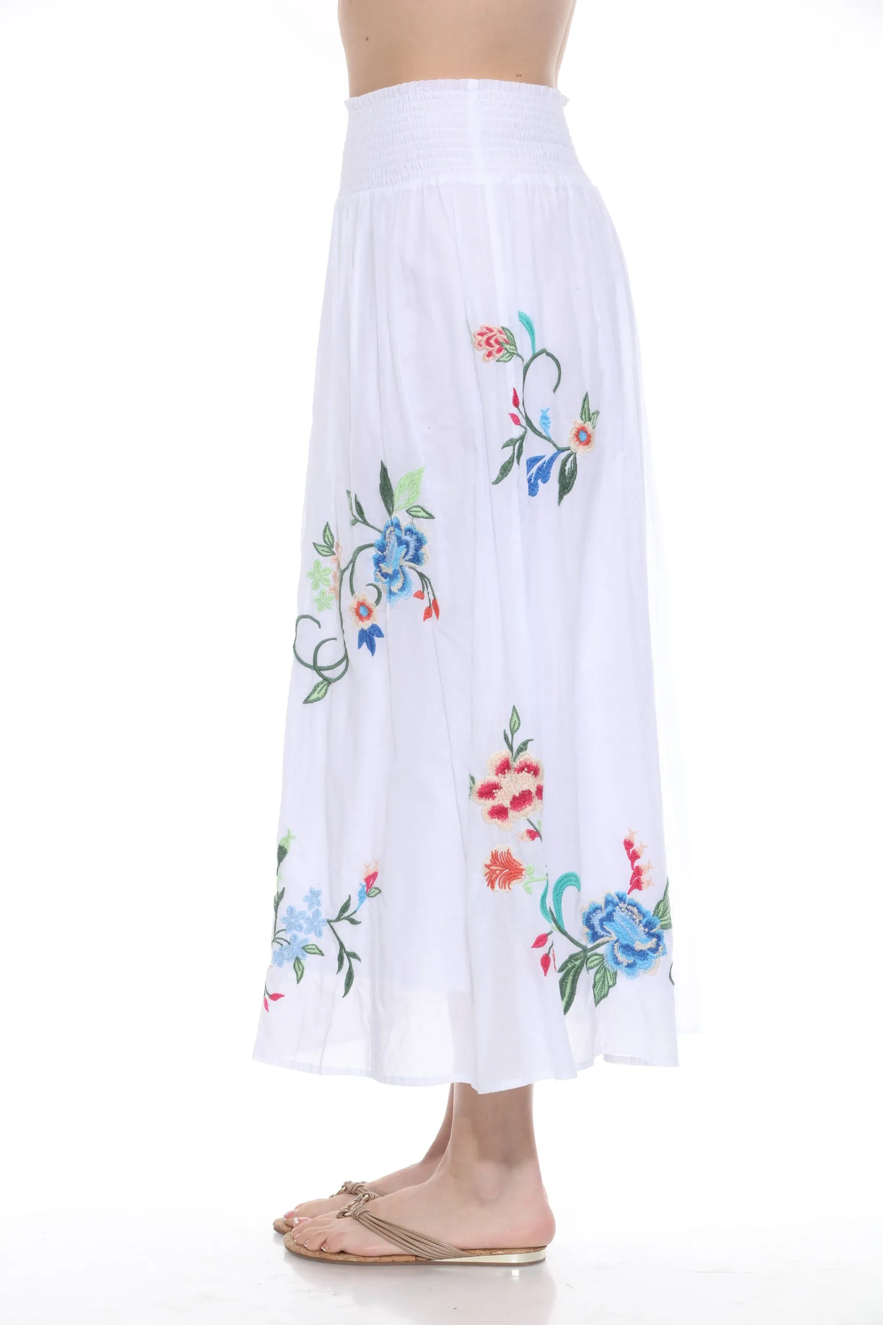 Johnny Was Workshop White Smocked Floral Maxi Skirt W72024